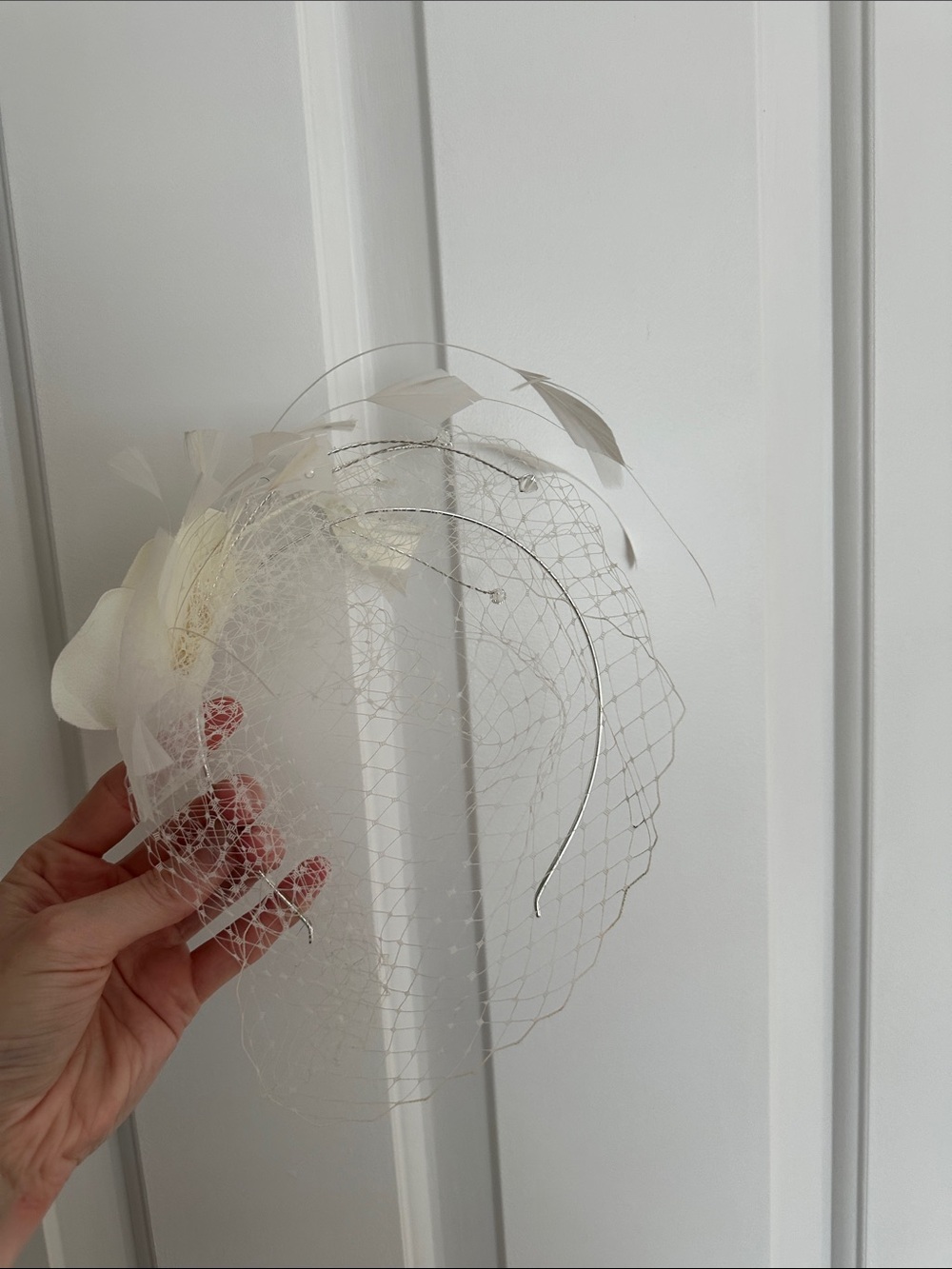 David's Bridal Ivory Feather & Veil Headband